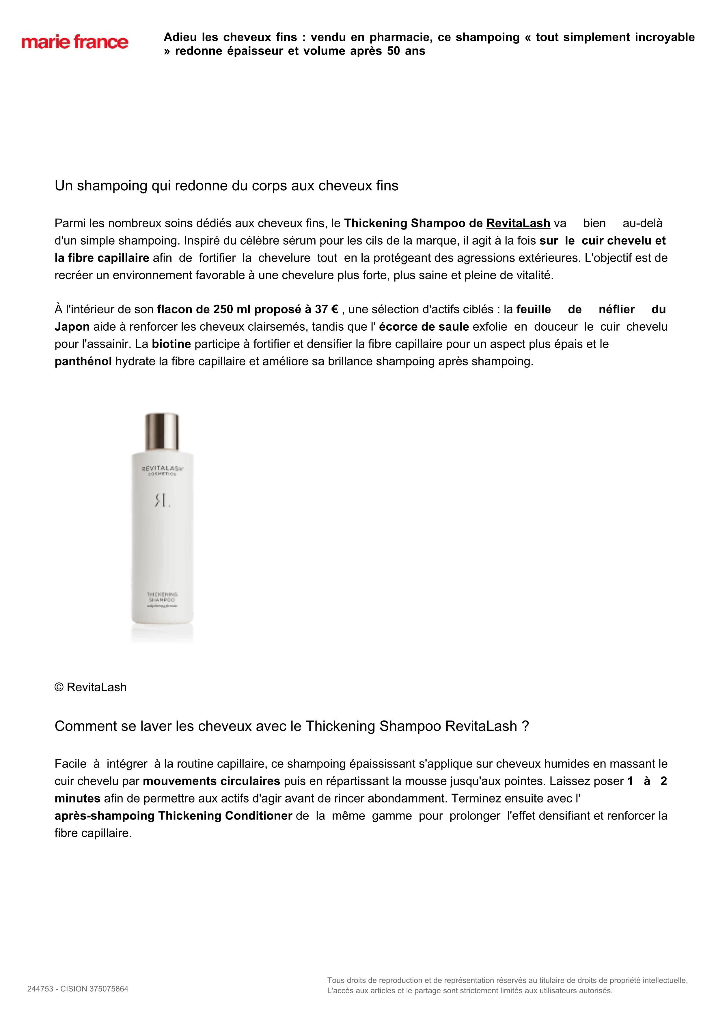 Shampooing épaississant de RevitaLash® Cosmetics paru dans Marie France - Avril 2026